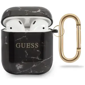 Aizsargcovers AirPods GUESS GUACA2TPUMABK, melna marmora dizains, paredzēts AirPods uzlādes korpusam