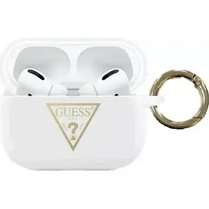 Silikona aizsargvāciņš AirPods Pro no GUESS — balts ar drukātu trīsstūra dizainu (GUACAPLSTLWH)