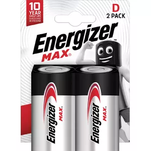 Vienreizlietojama baterija Energizer MAX D, sārmainā 1.5 V, D izmērs, 2 gab., cilindriska, 139 g, līdz 10 gadu glabāšana