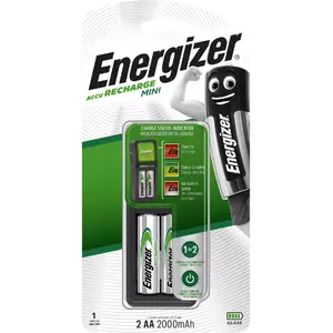 Battery charger Energizer Mini Charger AC for NiMH AA AAA, 100–240V, 50/60Hz, includes 2×2000 mAh batteries