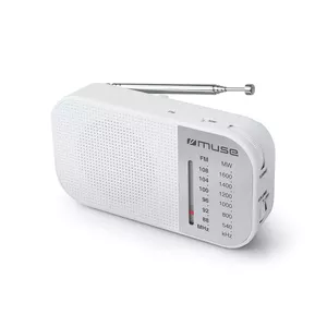 Portable radio Muse M-025 RW — analog FM/MW, white, battery-powered, external antenna