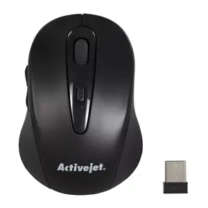 Wireless optical USB mouse ActiveJet AMY-213 — ambidextrous, RF wireless, 1600 DPI, 6 buttons, battery-powered, black