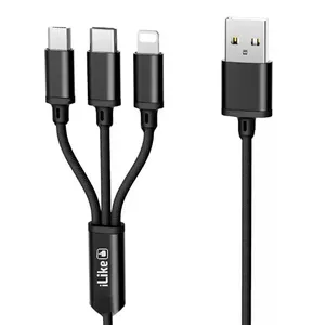 iLike CCI02 Pīta auduma izturīgs USB 3in1 Kabelis ar USB uz Micro USB / Lightning / Type-C 1m Melns