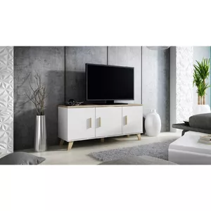 Skapis Cama Meble LOTTA 150 3D — 1500×450×690 mm, 3 durvis, 3 plaukti, balts + Sonoma oak