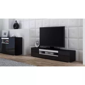 ТВ-тумба cama meble VIVA 180 — 1800×400×370 мм, верх чёрный (ДСП), чёрный каркас, белые элементы