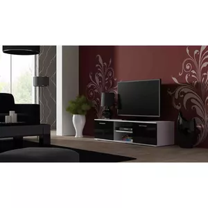Тумба под TV cama meble SOHO 140 — 1400×430×370 мм, белая столешница (ДСП), белый каркас, чёрный глянец