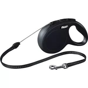 Выдвижной поводок Flexi Classic 8 м, шнур, чёрный, макс. нагрузка 12 кг, светоотражающие элементы
