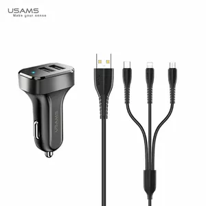 Usams Universāls x2 USB Auto lādētājs 2.1A 2.1A ar 3in1 USB Kabeli  Micro USB / Type-C / Lightning Melns
