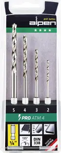 Drill bit set ALPEN 4-piece HSS metal spiral drills, 1/4" (6.3 mm) square shank
