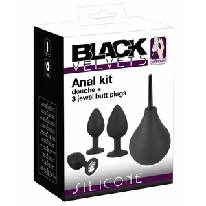 Anal plug set Black Velvets with douche and 3 silicone plugs — sizes S/M/L, capacities and dimensions listed