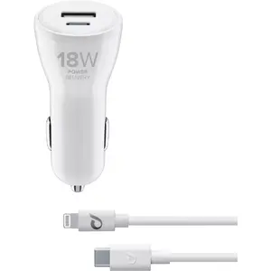 Auto lādētājs Cellular Line USB-C Car Charger Dual Kit 18W + 12W ar USB-C uz Lightning kabeli iPhone 8 un jaunākām, ieeja 12–24V, balts