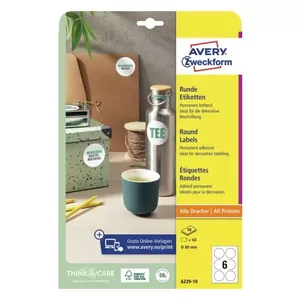 Avery 6229-10 pašlīmējošā etiķete Apaļš Pastāvīgs Balts 60 pcs