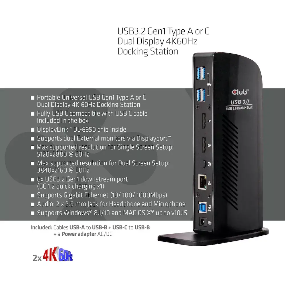 Док-станция CLUB3D USB3.2 Gen1 Type A или C Dual Display 4K60Hz Photo 3
