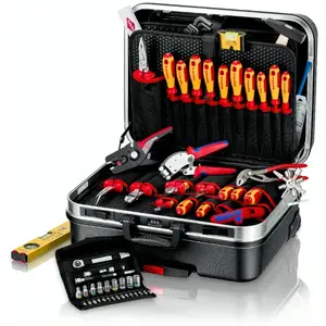 Набор слесарных инструментов Knipex 00 21 06 — 68 предметов, включает тонкогубцы и водяные клещи, красно-жёлтые инструменты, чёрный кейс (515×438×265 мм)
