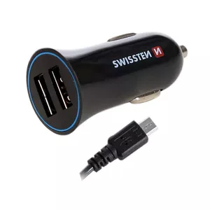 Car Charger SWISSTEN SW-CCH-2.4AX2-B — 12/24V input, USB outputs 1A + 2.1A, Micro USB cable 150 cm, Black