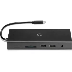 USB-C daudzporta hubs HP Travel — HP 1C1Y5AA, USB-C hosts, HDMI 2.0, VGA, 1×RJ-45, 2×USB-A 3.2 Gen1, 2×USB 2.0, MicroSD lasītājs, melns