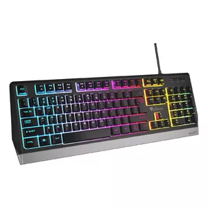 Gaming keyboard GENESIS Rhod 300 RGB — Full-size 104-key, USB Type-A, RGB backlight, spill resistant, membrane switches (55 g), QWERTY English, black