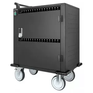 Тележка для управления портативными устройствами MANHATTAN 716000 — для 32 планшетов, USB Type-C, 576 Вт, AC 110–240 В, кодовый замок, колёса, чёрная