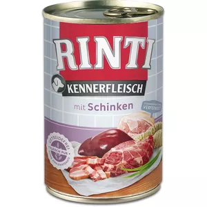 Wet dog food RINTI Ham Adult 400 g — pork, complete canned feed, 77% moisture, 11% protein
