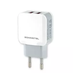 AC iekštelpu lādētājs SOMOSTEL SMS-A13, universāls, 2x USB 2.0, 100–240V, 10W, balts
