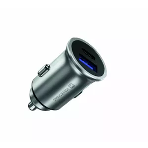 Автомобильный зарядный адаптер SWISSTEN 36W металлический с Power Delivery USB-C и Quick Charge 3.0, серебристый