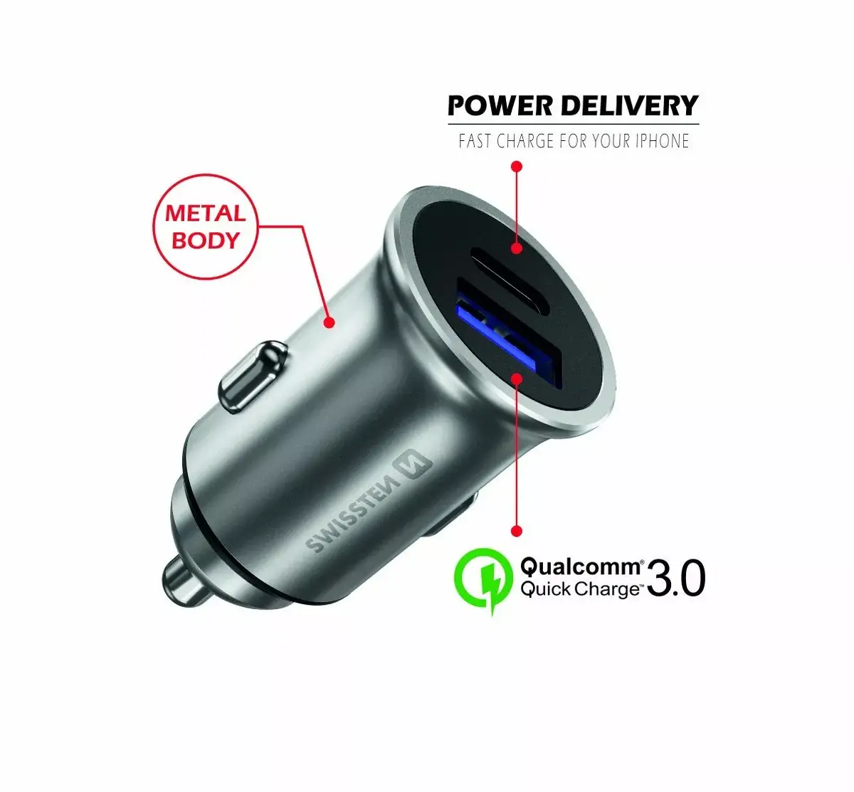 Авто зарядка SWISSTEN 36W USB‑C PD + QC3.0 Photo 2