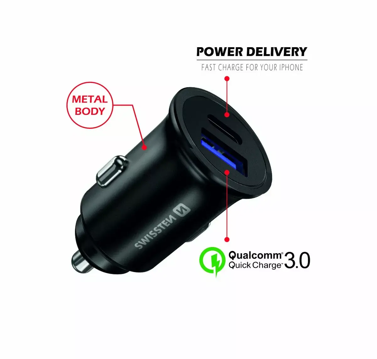 Автозарядное SWISSTEN Metal USB-C PD + QC3.0 36W Photo 2