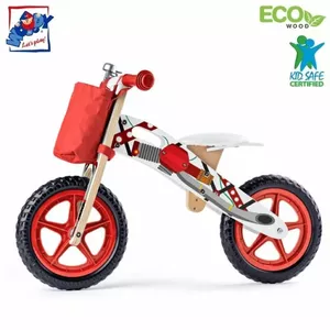 Woody Dipy Ergo+ Eco Wooden Balance Bike with adjustable seat (38x43cm) + Bag (3y+) Red