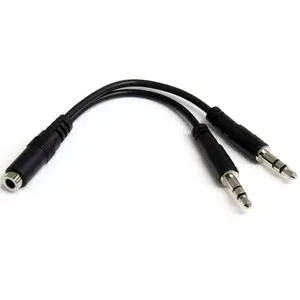 Headset splitter adapter StarTech MUYHSFMM — 3.5mm 4‑position male to 2× 3.5mm 3‑position female, 0.13 m, nickel contacts, black