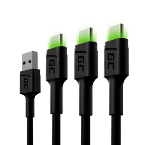 USB A to USB C cable Green Cell KABGCSET03 2 m, USB 2.0, 480 Mbps, 2.4 A, pack of 3, black