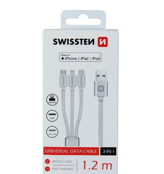 3-in-1 kabelis Swissten Textile 1.2m Photo 2