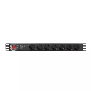 Barošanas sadales bloks LANBERG PDU-PRO-07F-0200-BK — 1U skapis, 7 Type F kontaktligzdas, 16 A, 2 m kabelis, melns