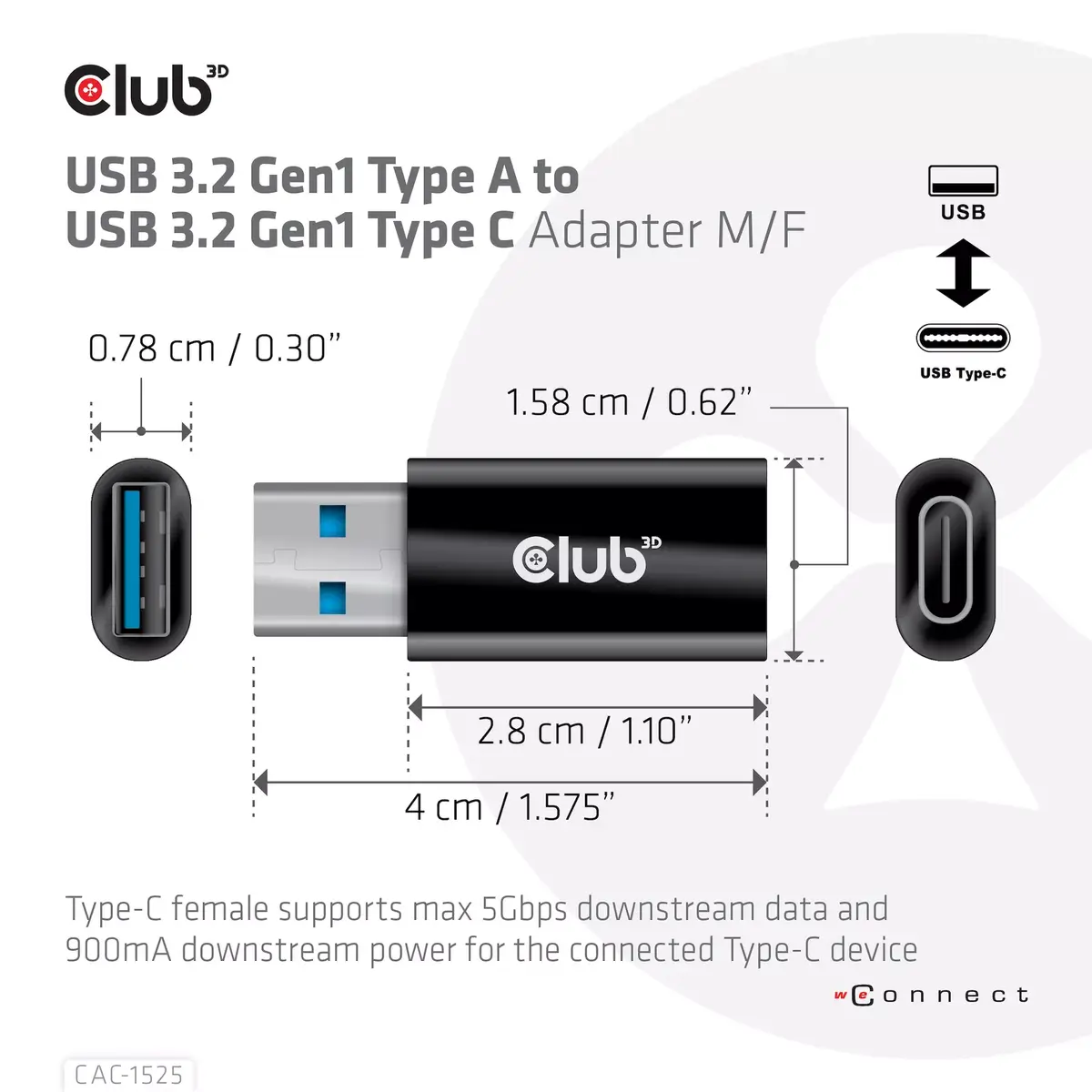 Адаптер USB 3.2 Gen1 Type A к Type C CLUB3D Photo 3