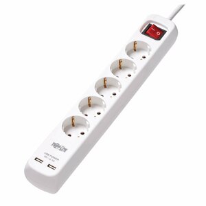Tripp Lite 5-Outlet Power Strip with USB-A Charging - Schuko Outlets, 220-250V, 16A, 3 m Cord, Schuko Plug, White