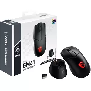 MSI CLUTCH GM41 LIGHTWEIGHT WIRELESS spēļu pele 'RGB, līdz 20000 DPI, mazs latentums, 74 g svars, 80 stundu akumulatora darbības laiks, 6 programmējamas pogas, simetrisks dizains, OMRON slēdži