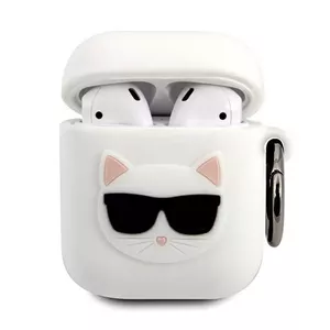 Aizsargvāciņš AirPods Karl Lagerfeld Choupette balts – mīksts pārklājums uzlādes futrālim