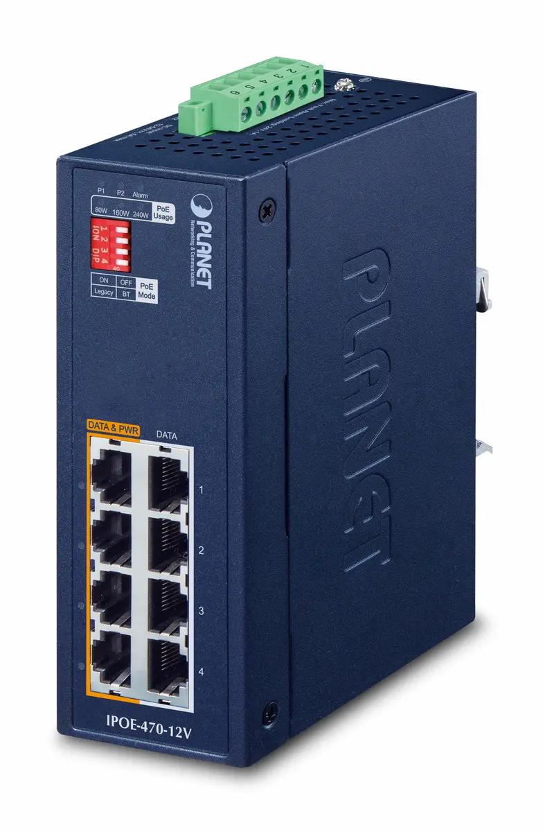 PLANET IPOE-470-12V Industriālais 4-portu gigabitu PoE