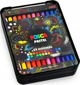 Vaska krāsu komplekts POSCA KPE100/24 001 — 24 pasteļtoņu apaļie vaska zīmuļi ar papīra apvalku, vasks un eļļa, metāla futrālis