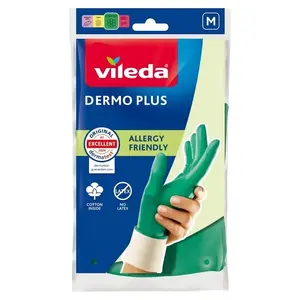 Household cleaning gloves VILEDA Dermo Plus M — nitrile coating, cotton lining, size M, green, reinforced fingertips