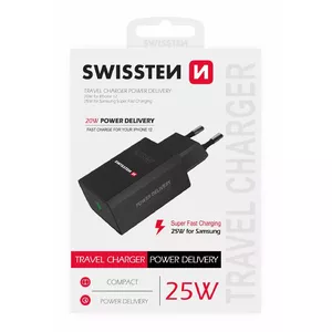 SWISSTEN Travel Charger USB-C PD 3.0 25W — compact power adapter, black