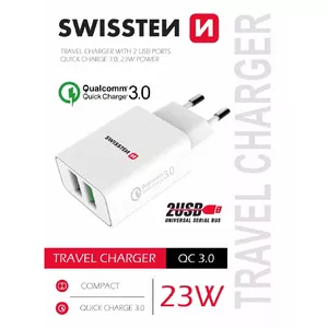 Swissten Premium Зарядное устройство 2x USB / QC3.0 23W белый
