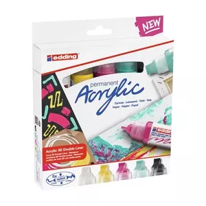 Noturīgo 3D Double Liner marķieru komplekts Edding Acryl 4-5400-5 — 5 krāsas (melns, magenta, mentols, balts, dzeltens), smals/plataks galu