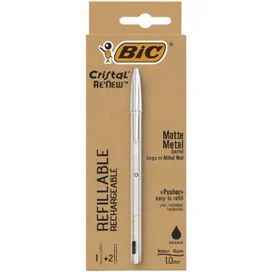 Stick ballpoint pen BIC Cristal Renew — black ink, single piece, silver barrel