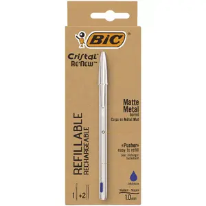 Стержневой шариковый ручка BIC Cristal Renew, синяя паста, серебристый корпус, 1 шт.