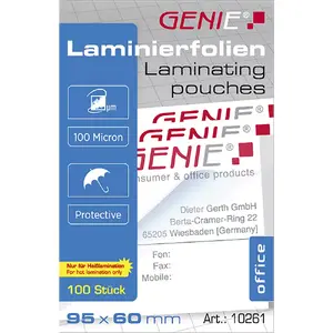 Laminator pouches Genie 10261, transparent, 95×60 mm (90×60 usable), pack of 100