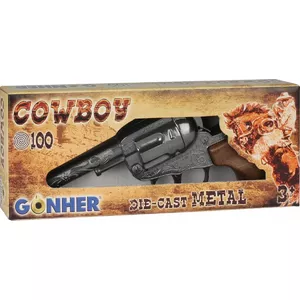 Toy metal cowboy revolver Pulio model 155101/0 — metal construction, single-action toy firearm