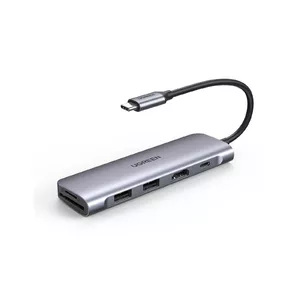 USB-C 6-в-1 хаб UGREEN 70411 — USB 3.2 Gen 1 Type-C, USB-A, HDMI, SD/SDHC, PD 100 Вт, серебристый