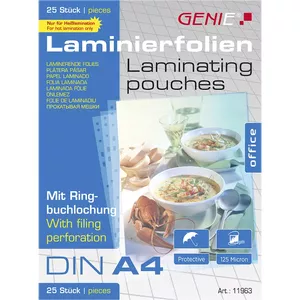 Laminator pouches genie 11963, A4 glossy transparent, 25 pcs, 338×303×6.3 mm