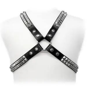 Leather body harness LEATHER D-205476 with pyramid studs and adjustable straps