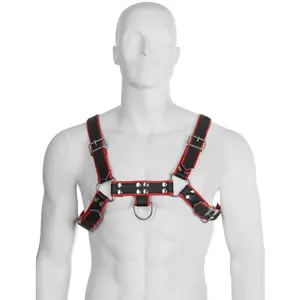 Body harness leather brand leather model D-208611 Black/Red — adjustable straps, metal D-rings